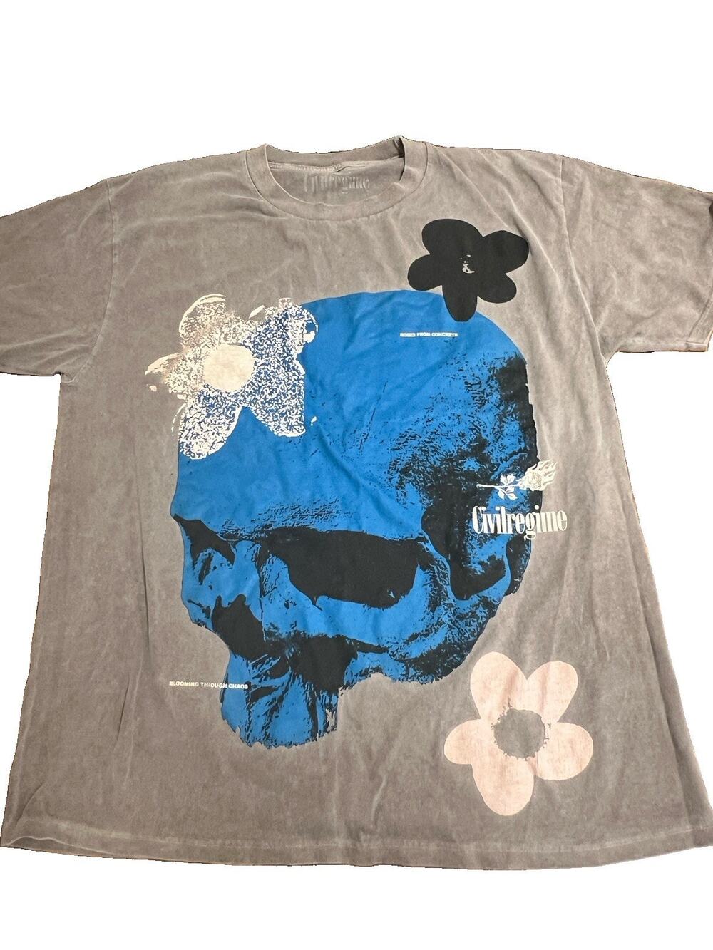 CIVIL REGIME Cool Comfort Skull Flowers "Blooming Chaos" Gray Y2K Tee